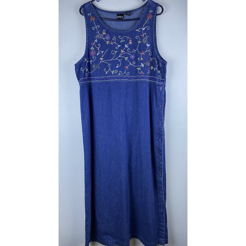 Erika Sz L Cotton Denim Embroidered Side Button Sleeveless Shift Dress